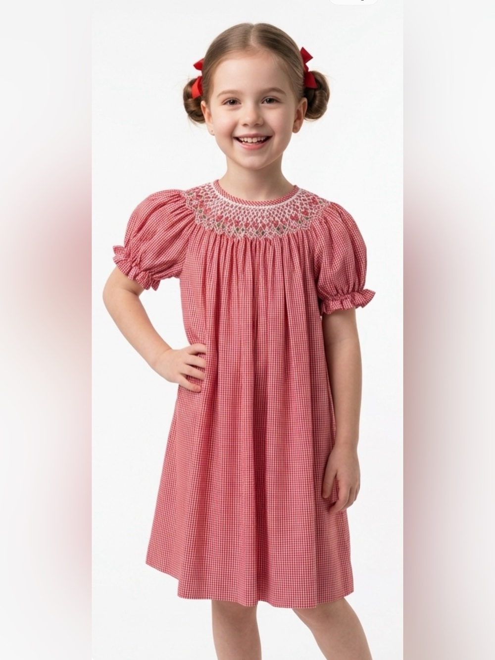 Sweet Angela by Rosalina Red White Smocked Gingham Bishop Dress 3T Holiday